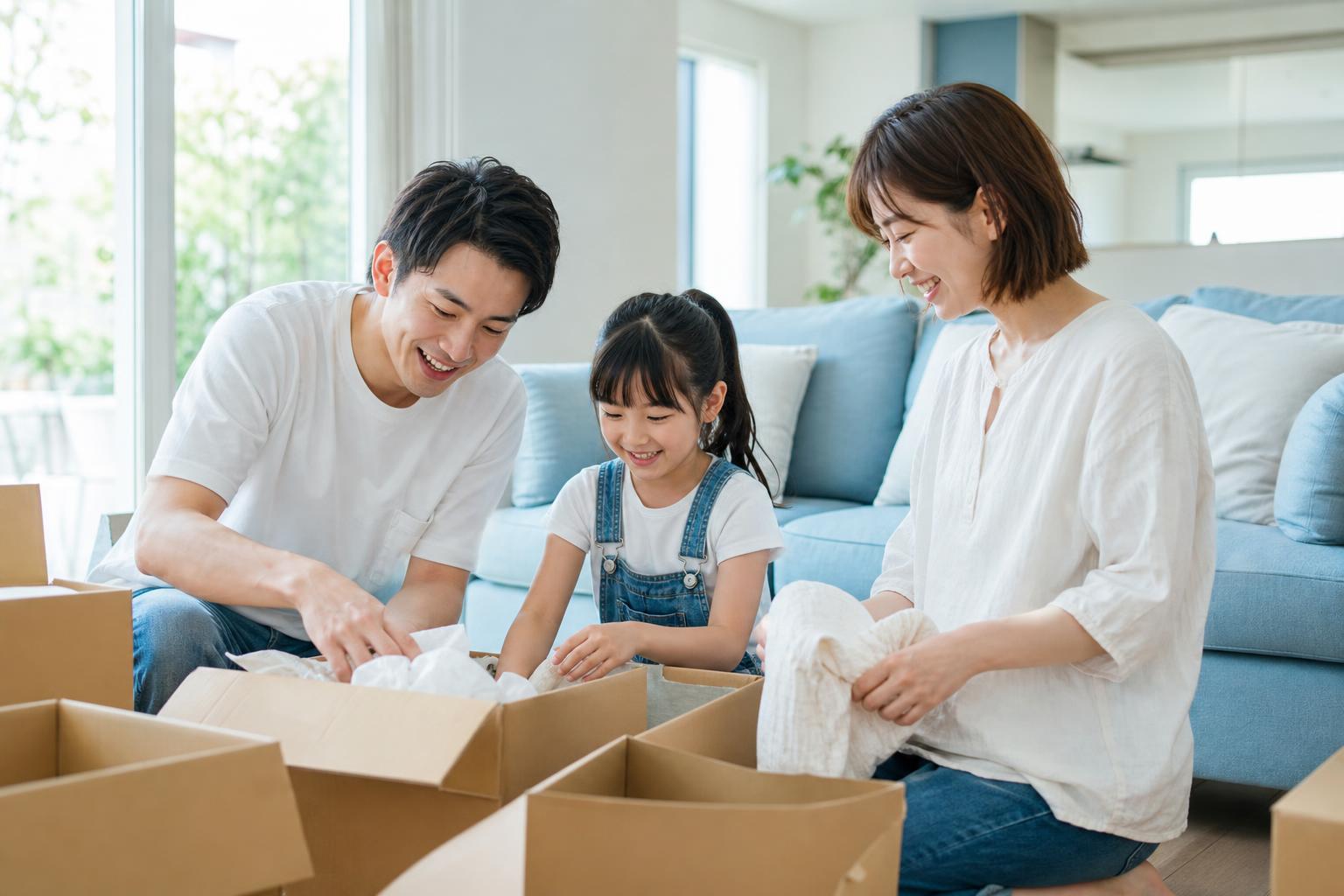 家族・複数人の引越し：家族で荷ほどきする様子